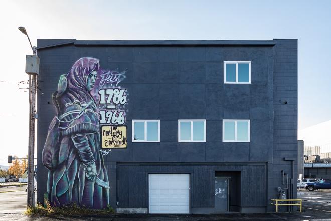 Photo of a mural in Anchorage honoring the Unangax̂