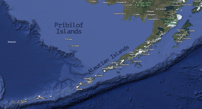 Zoomed map graphic of the geographical location of the Pribilof Islands
